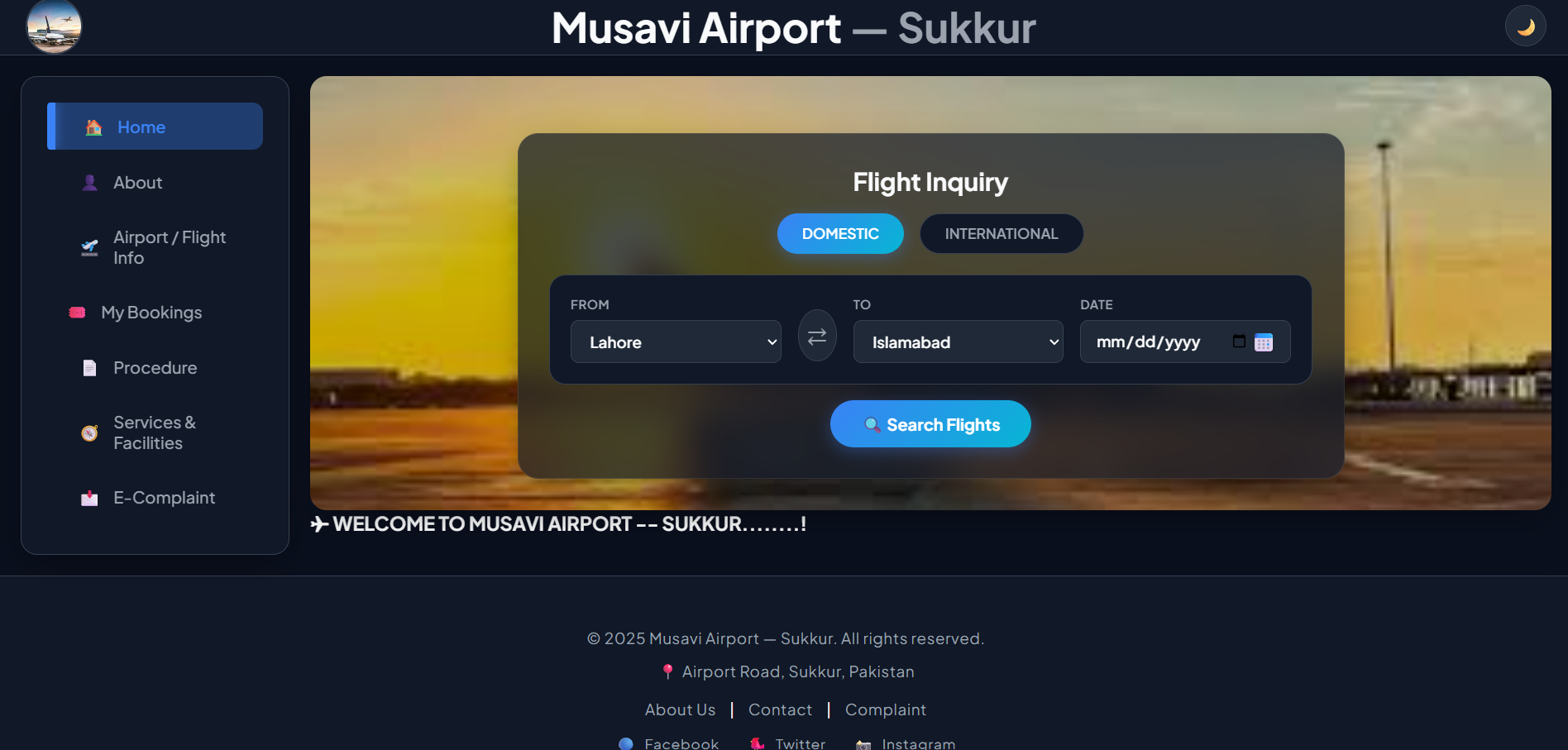 Musavi Airport Sukkur — Web-based flight ticketing system with booking and admin panel